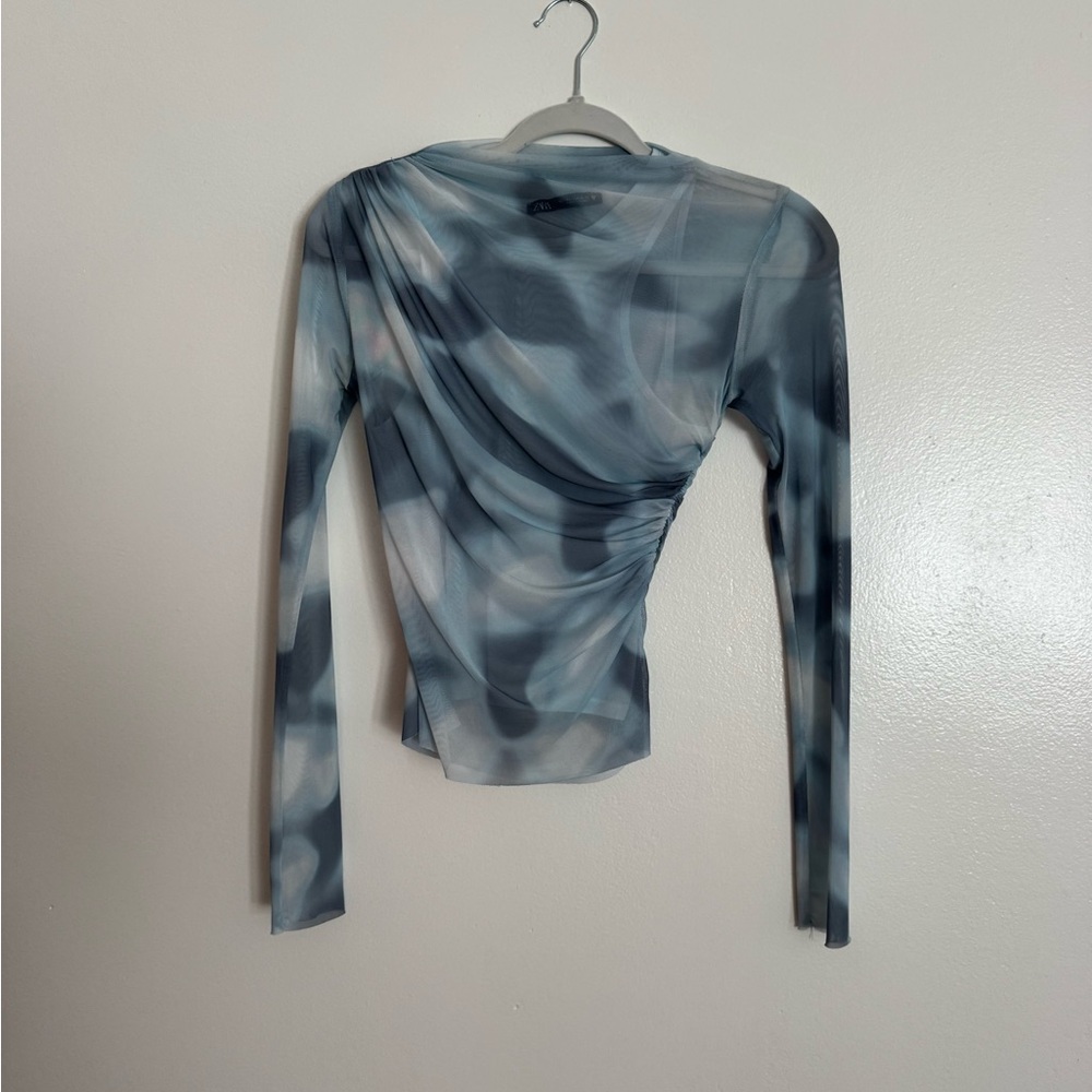 Zara Blue Grey Abstract Ruched Long-Sleeve Top XS